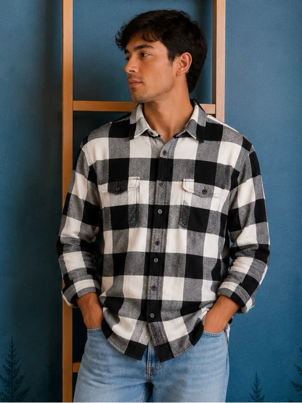 Black & White Buffalo Plaid Button-Up Shirt